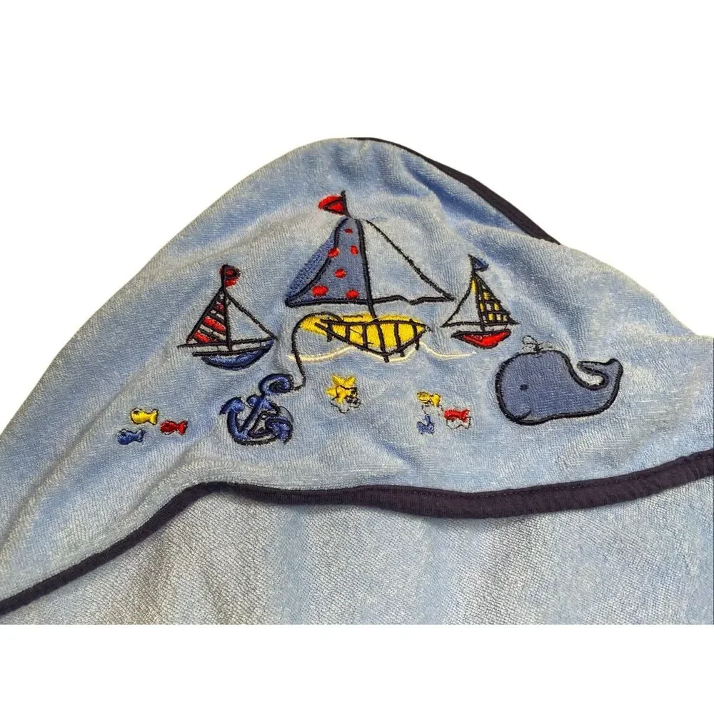 Baby Blue Nautical Hooded Baby Towel Blanket Sailboat Whale Infant 29 In Beach